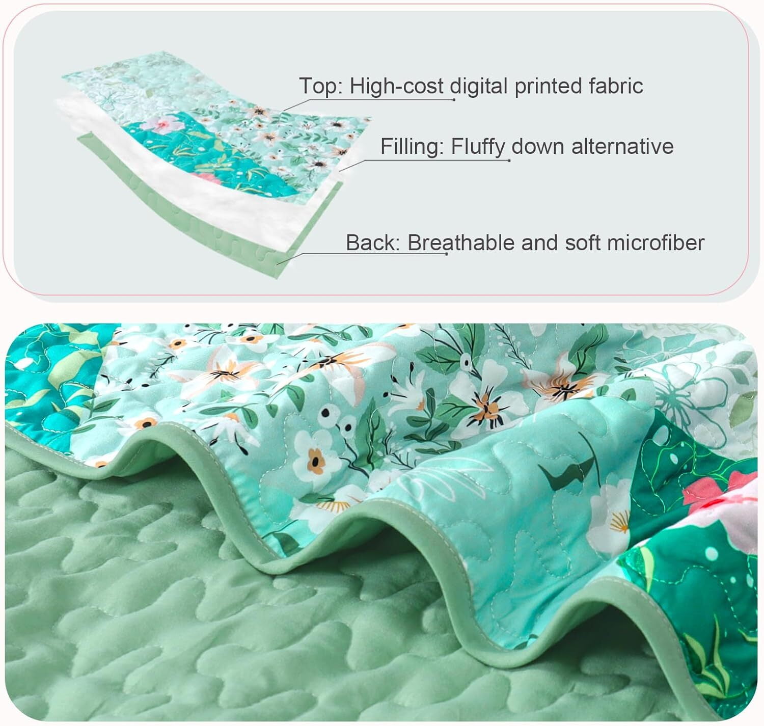 Whale Flotilla Reversible Patchwork Quilt Set King Size, Lightweight Boho Printed Bedspreads Coverlets Quilts Bedding Set with 2 Pillow Shams for All Seasons, Light Green