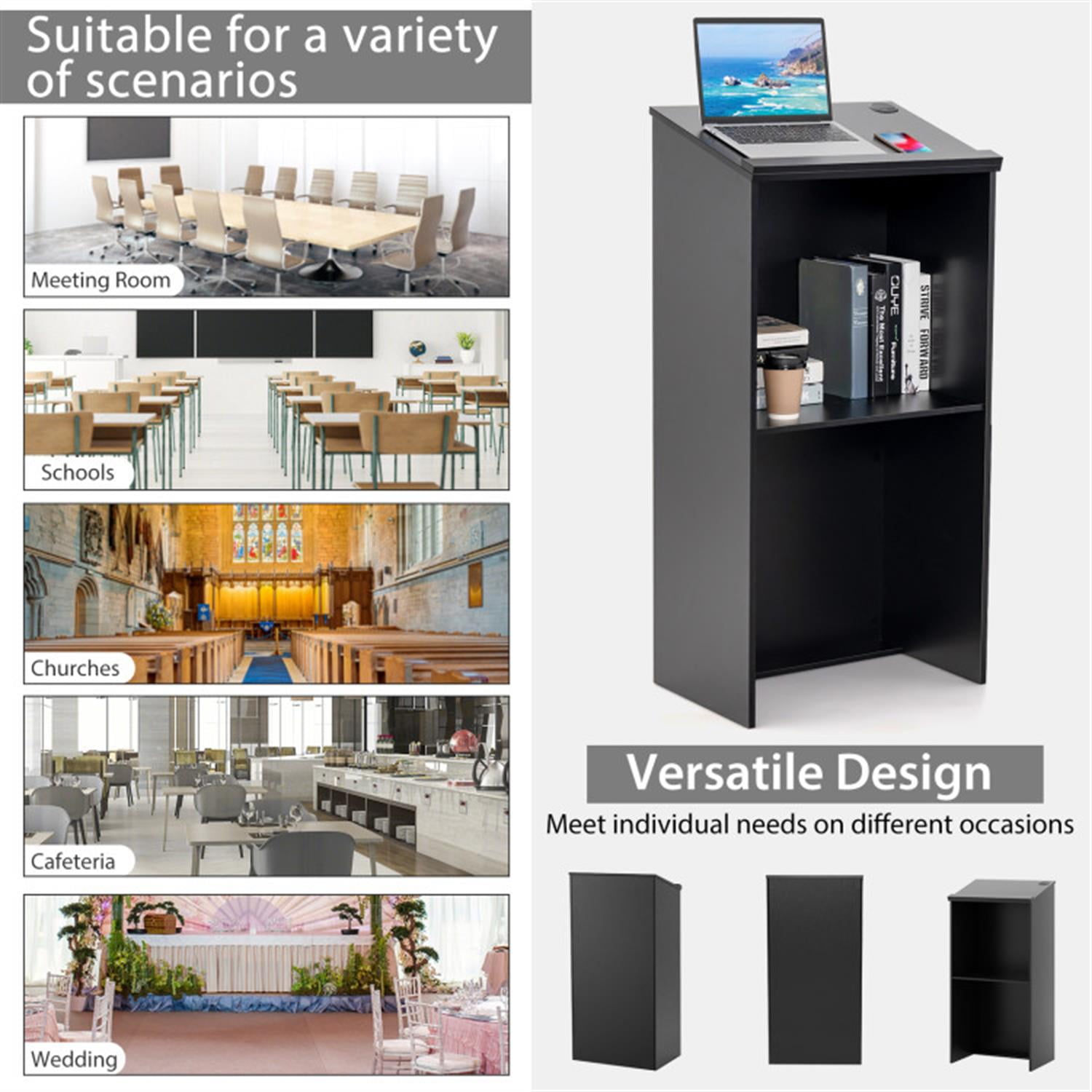 Demi Bonn Wooden Floor Standing Podium Speaking Lectern, Laptop Workstation for Laptops, Books, Tablets, and Art, Balck