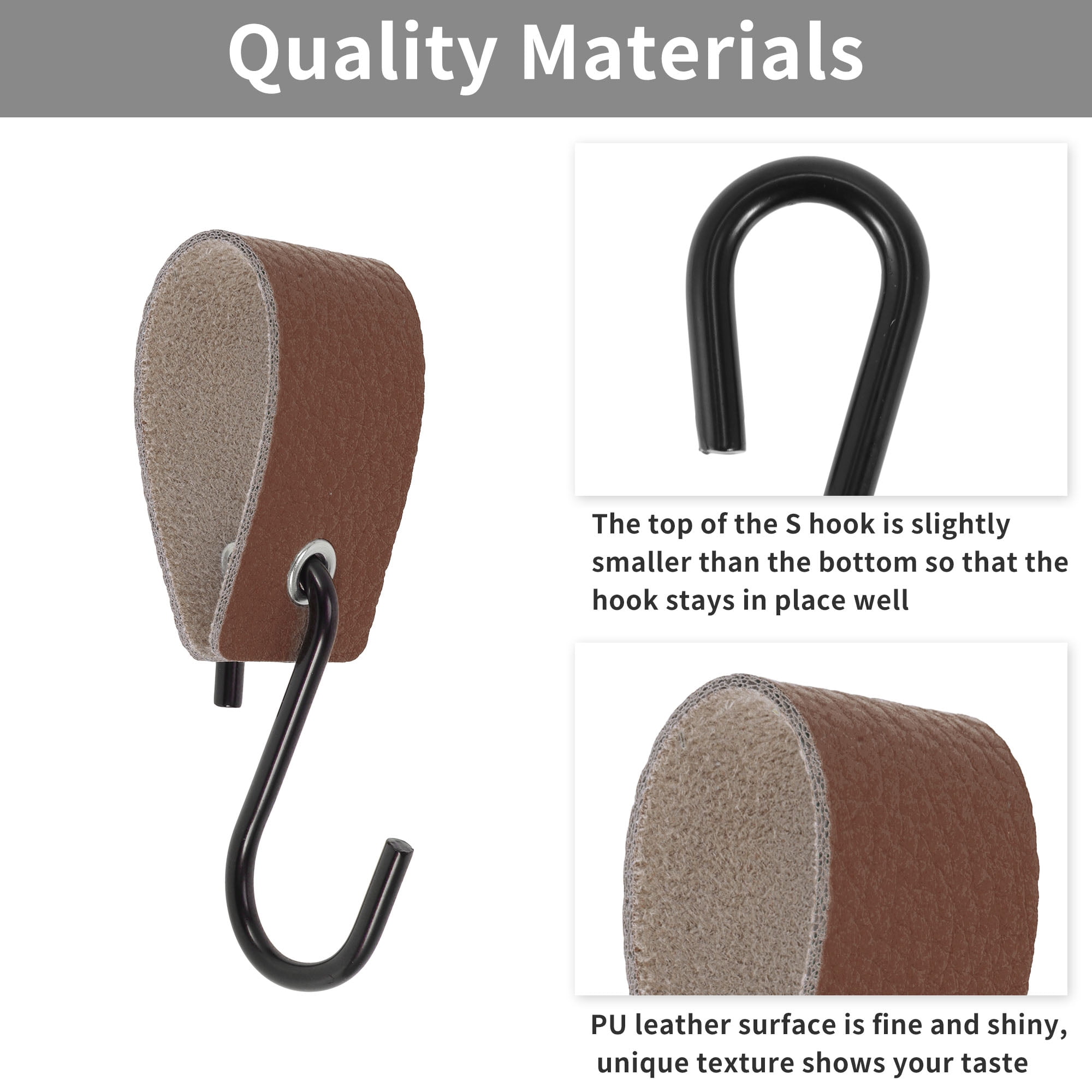 Unique Bargains Pack of 5 S Hooks with Leather Loop for Wardrobe Deep Brown