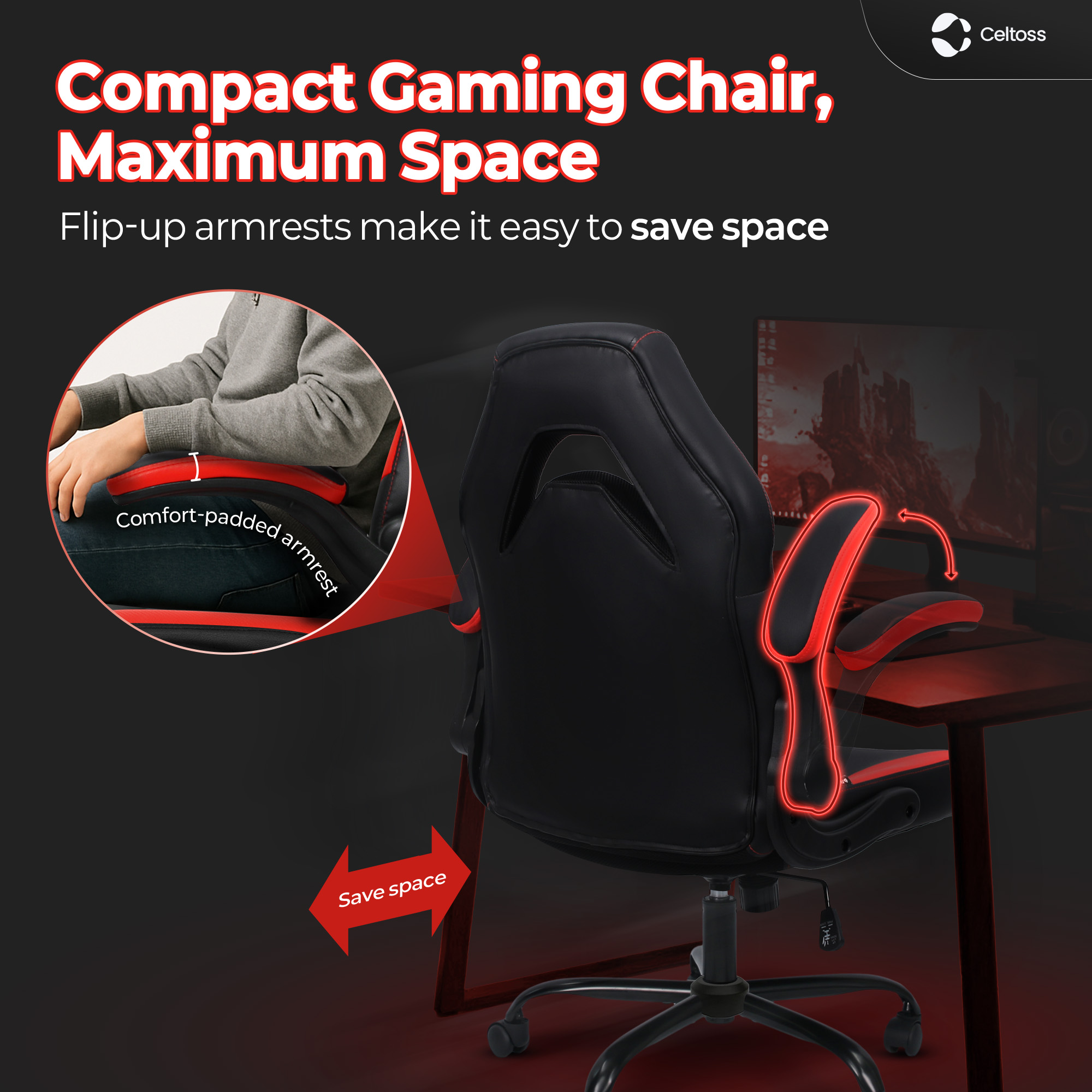 CELTOSS  Red Gaming Chair, Flip-up Armrest Computer Chair Ergonomic Office Chair PU Leather Desk Chair Executive Adjustable Swivel Task Chair
