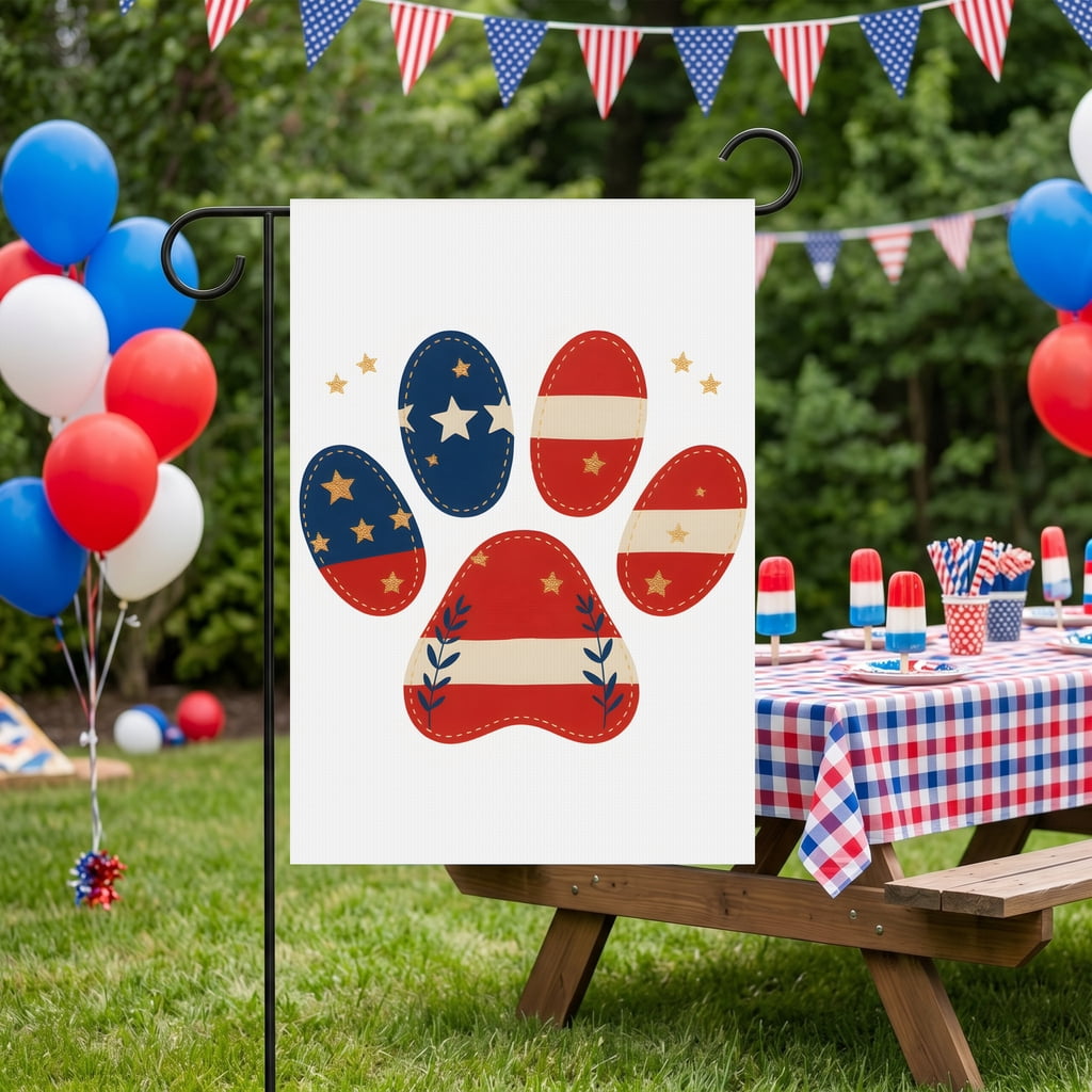 USA Garden Flag 28x40 Patriotic House Flag for Outdoor Decor with Red White Blue Paw Print Stars Stripes