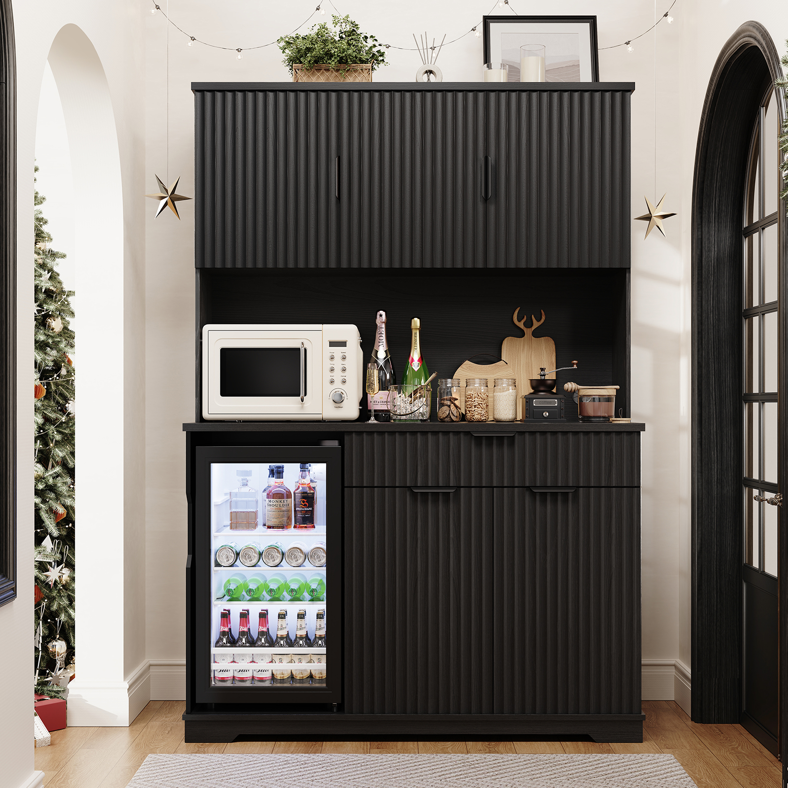 BROTTAR 69" Fluted Wine Bar Cabinet with Fridge (Included), Modern Coffee Bar Cabinet with Storage Hutch, Tall Mini Fridge Cabinet with Drawers, Kitchen Pantry for Living Room, Dining Room, Black