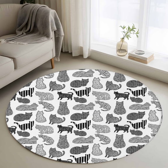 Round Area Rugs Collection 3 Ft, Black White Cat Non-Slip Residential Carpet, Modern Striped Geometric Abstract Indoor Crawling Mats Doormat Runner Rugs Play Mat forBedroom
