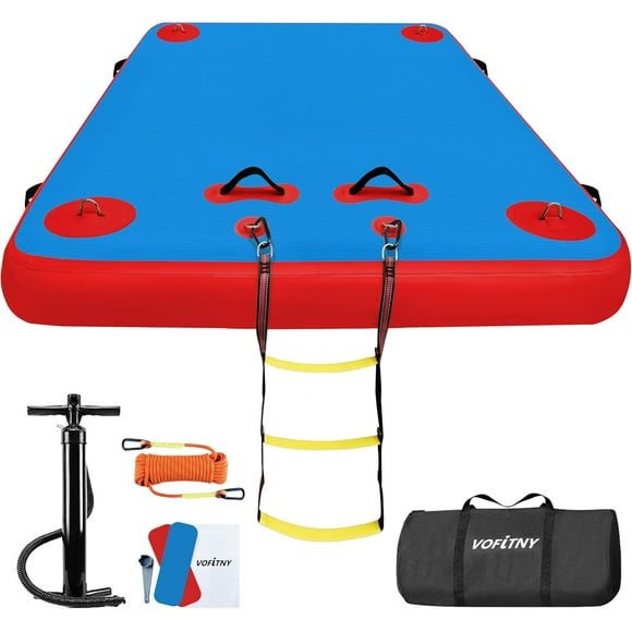 Poppy Red+Blue 8ft x 6ft x 6"Inflatable Floating Dock Swim Air Platform Island Raft Mat for Lake Pool Beach Ocean with Rope Ladder, Non-Slip Surface