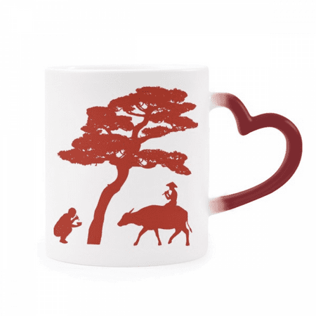 

China Cow Tree Culture Outline Heat Sensitive Mug Red Color Changing Stoneware Cup