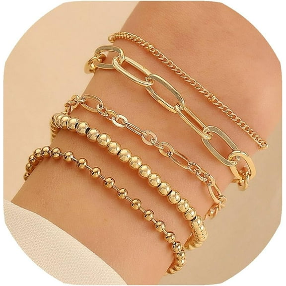 Gold Bracelets for Women Chunky Gold Bracelet Stack No Tarnish Stackable Dainty Chain Bracelets Sets for Women Trendy Jewelry Gifts Adjustable