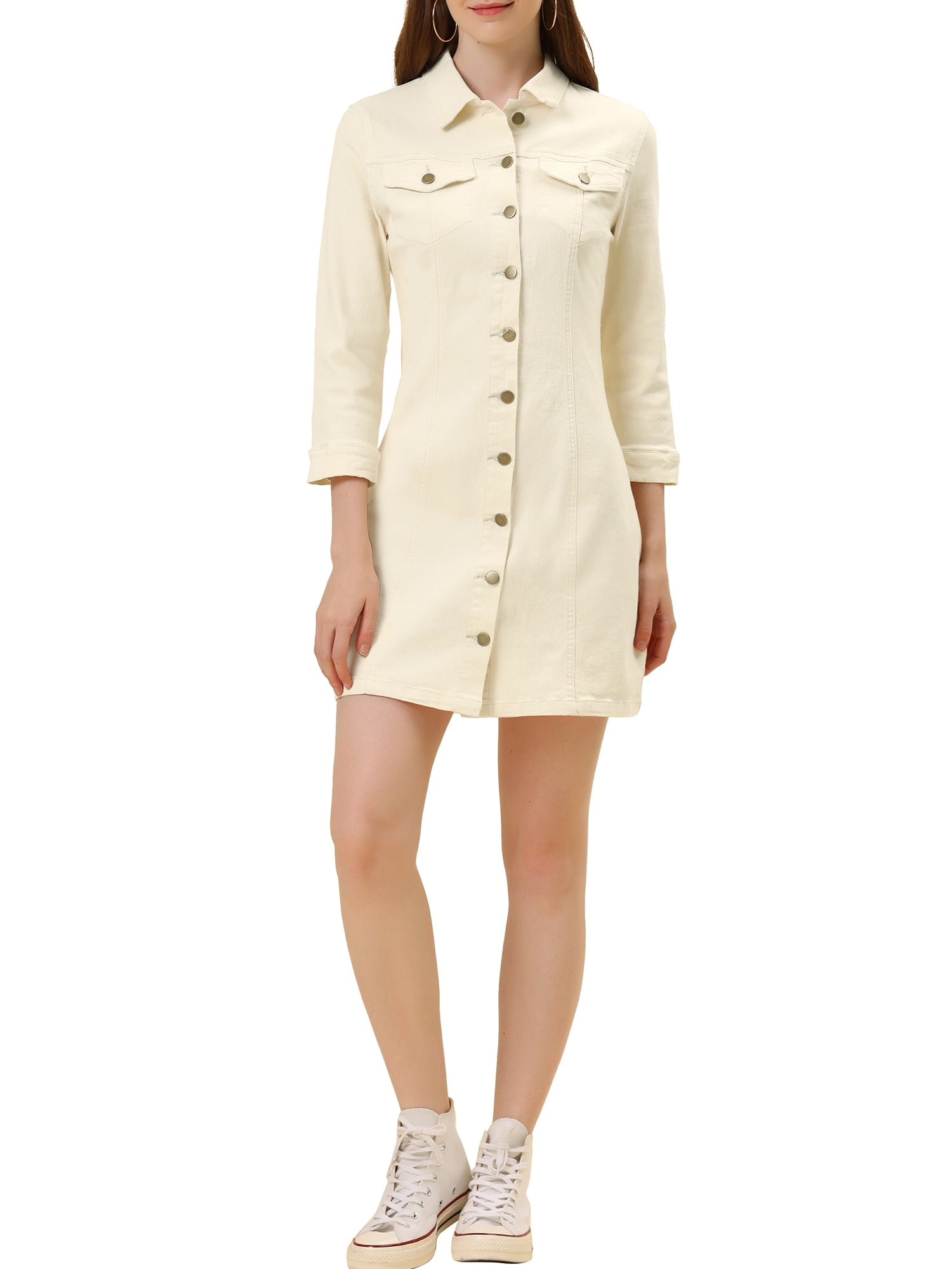 white christmas dresses Ivory Cotton Denim Sleeveless Shirt Dress - Mini Dresses main image 1