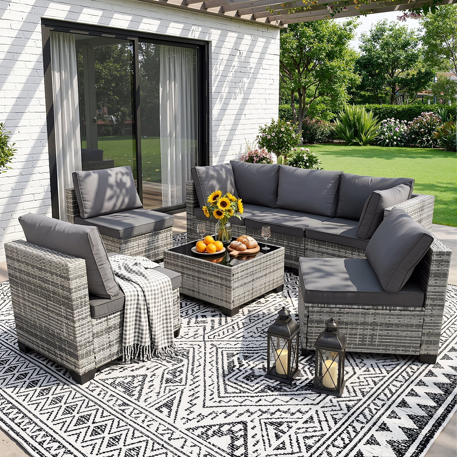 AstrPthylx 7-Piece Patio Sectional Set with Coffee Table, All-Weather Outdoor PE Rattan L-Shaped Sofa & Cushions for Garden, Backyard (Dark Gray)