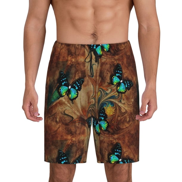 Balery Vintage Butterfly Green Pantalones cortos de pijama de punto de algodón para hombre con cinturilla y bolsillos-3X-Large