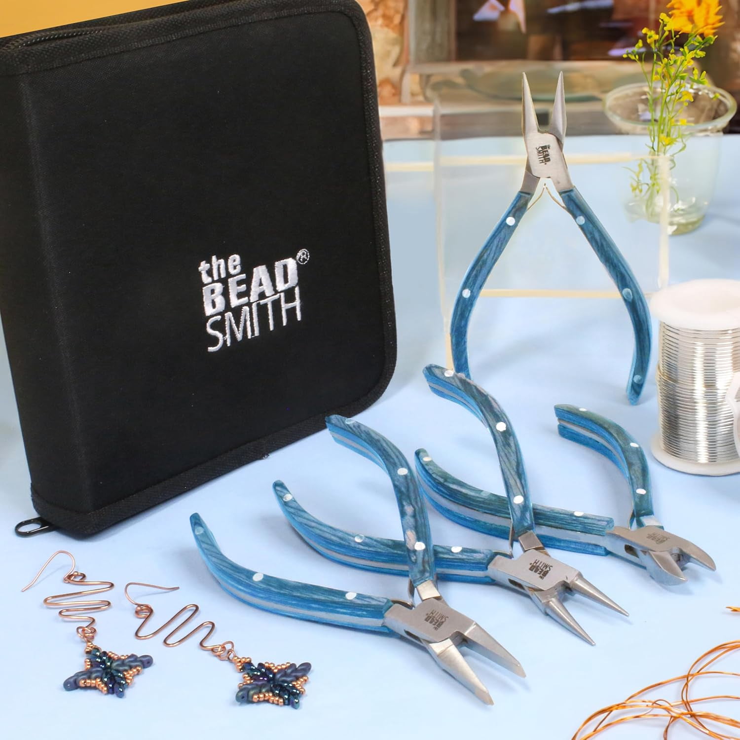 The Beadsmith Natural Elements Pliers Set - 4-Piece Kit: Chain Nose, Round Nose, Flat Nose, Side Cutter and Canvas Carrying Case – Blue Wooden Handles - Tools for Jewelry Making