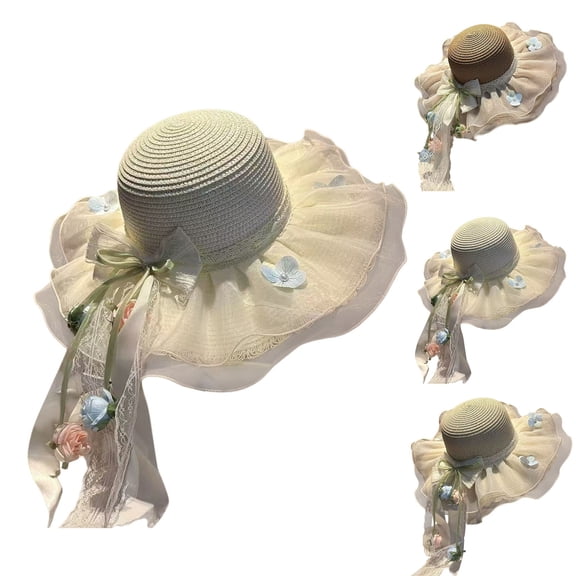Helii Women Straw Sun Hat Wide Brim Lolita Floppy Beach Hat with Lace Bow Ribbon Floral Embellishment, Layered Mesh Veil Wavy Brim Breathable Foldable Summer Travel Cap Khaki,One Size