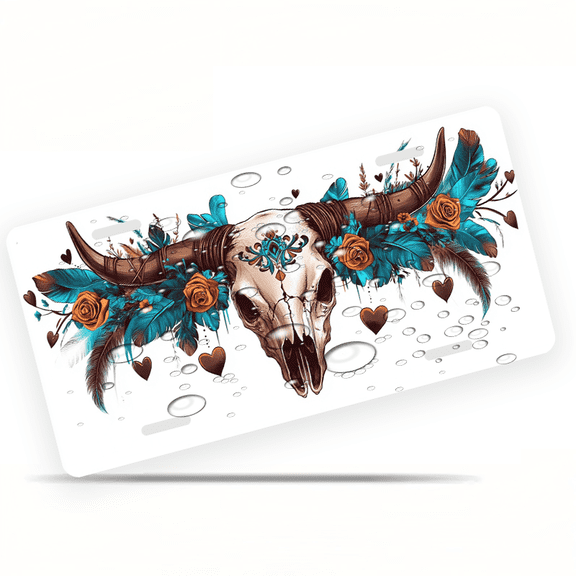 1 Pcs 2D Flat License Plate Covers & Frames, Bull Skull For Decorative Front, Waterproof For Decoration Aluminum License Plate Covers & Frames Cover For Men Women, 12" X 6"
