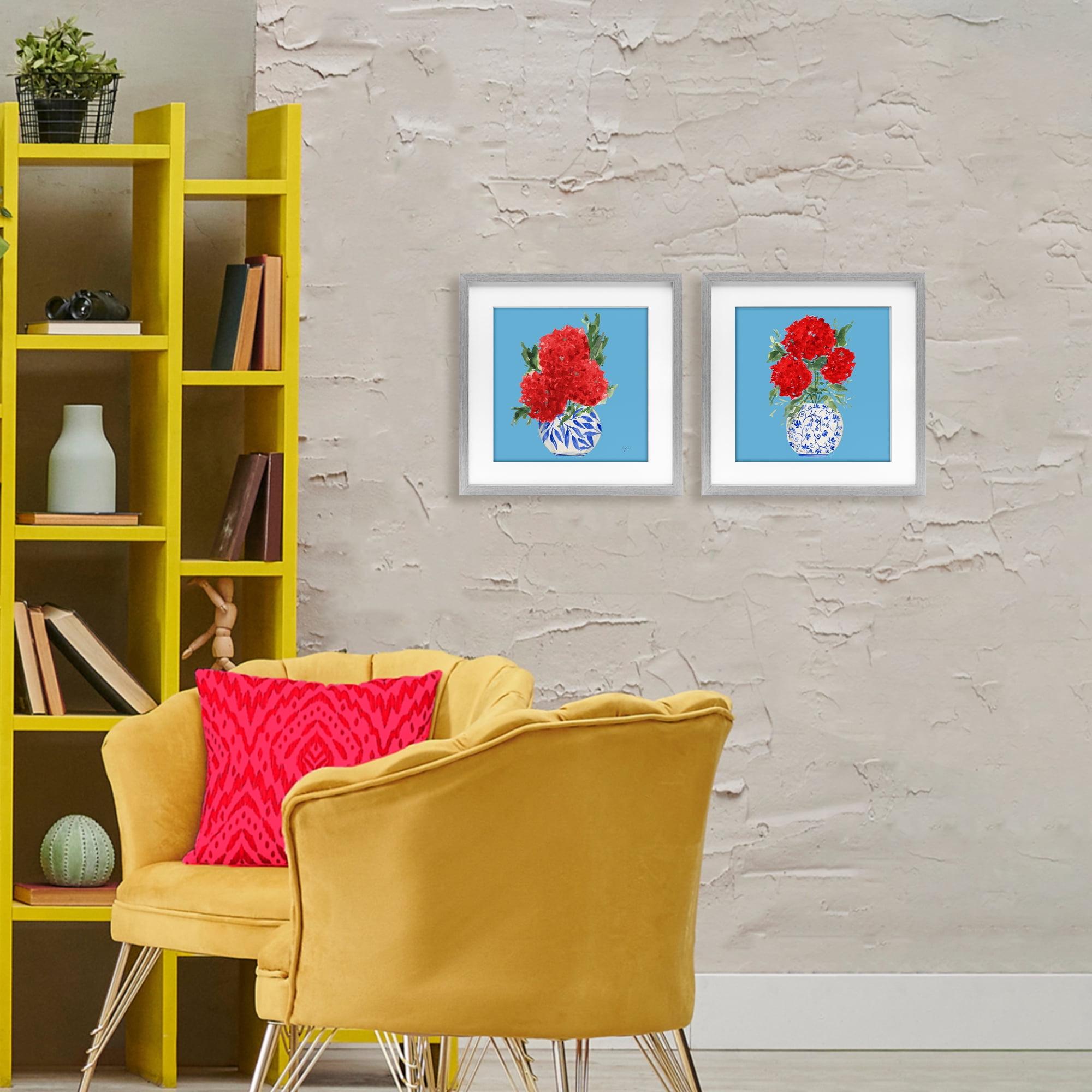 Stupell Industries Bright Red & Blue Hydrangeas 2 Piece Gray Framed Print Under Glass Set, design by Lucille Price