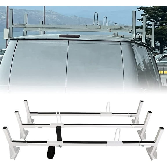 Kojem Universal 3 Bars Van Roof Mount Full Size Steel Ladder Rack for Chevy Express Ford GMC Savana with Rain Gutters 1996-UP