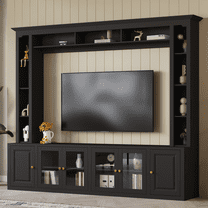 Harper & Bright Designs Modern Wall Unit Entertainment Center 4-Piece, Media Console with Bookshelves and Shelves, Large TV Stand with Tempered Glass Door for 80" TV, Black