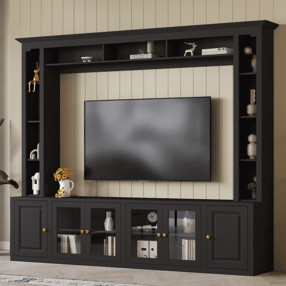 Harper & Bright Designs Modern Wall Unit Entertainment Center 4-Piece, Media Console with Bookshelves and Shelves, Large TV Stand with Tempered Glass Door for 80" TV, Black