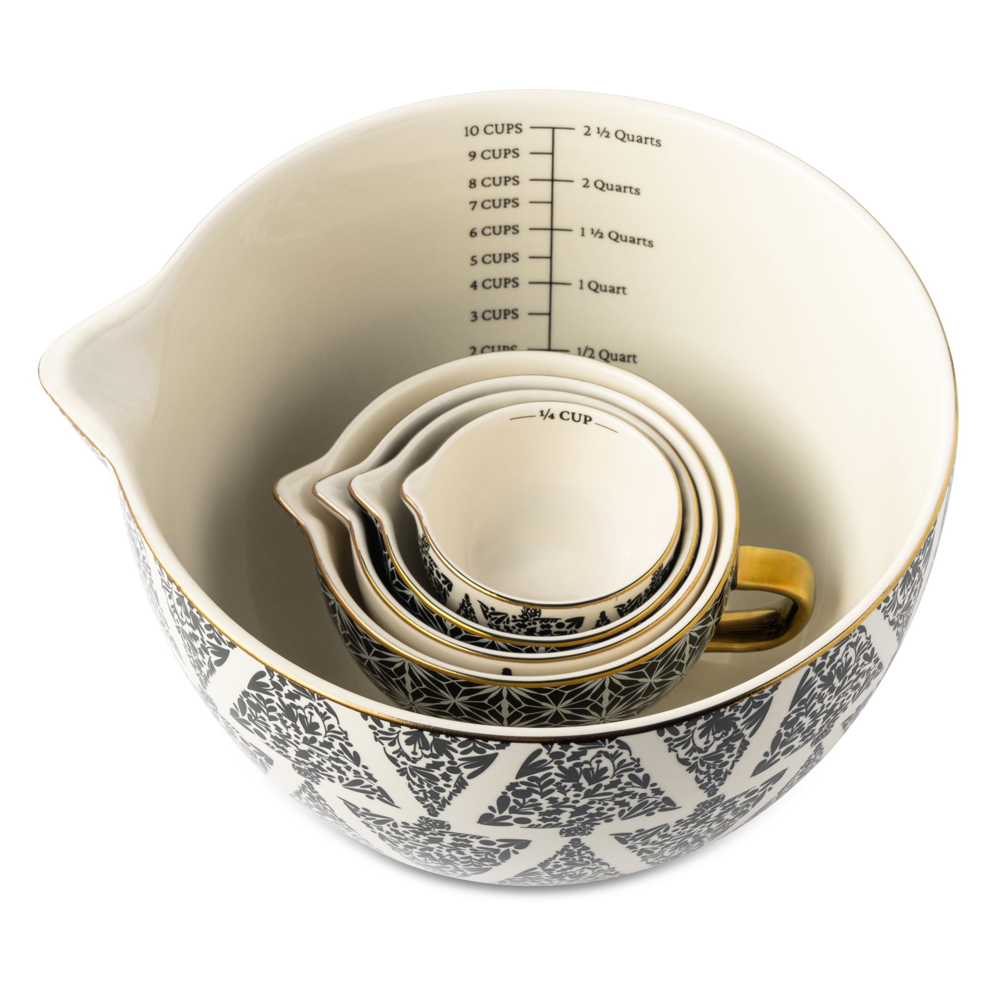 Thyme & Table, Ceramic Mixing Bowl and Measuring Cup Set, Tree Pattern