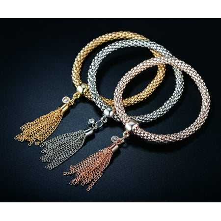 - 18K Tri-Gold Plating & Austrian Crystal Tassel Charm Bracelet