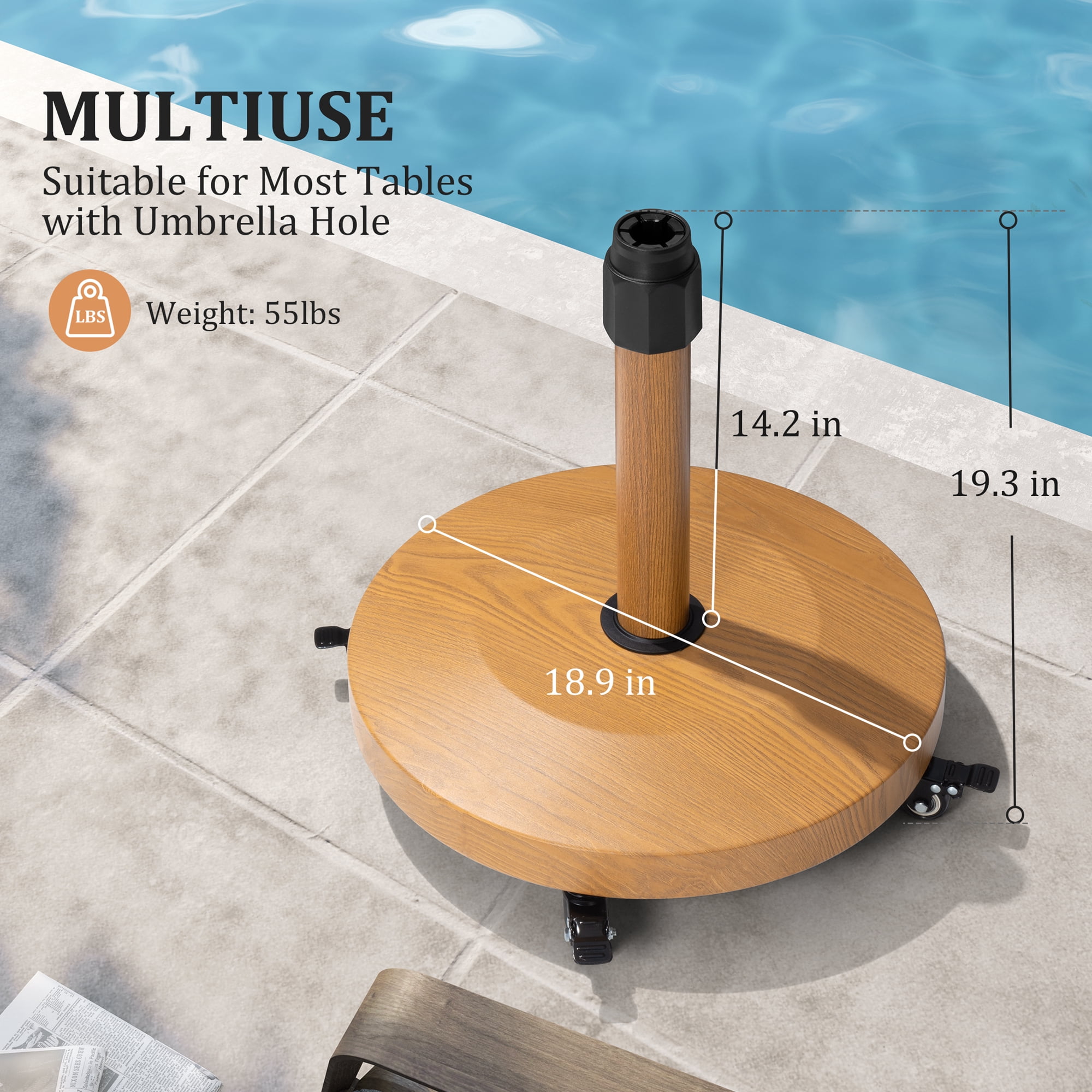 Pellebant Patio Umbrella Base with 4 Wheels, 55lbs Round Heavy Duty Concrete Stand for Outdoor Market Umbrella, Teak
