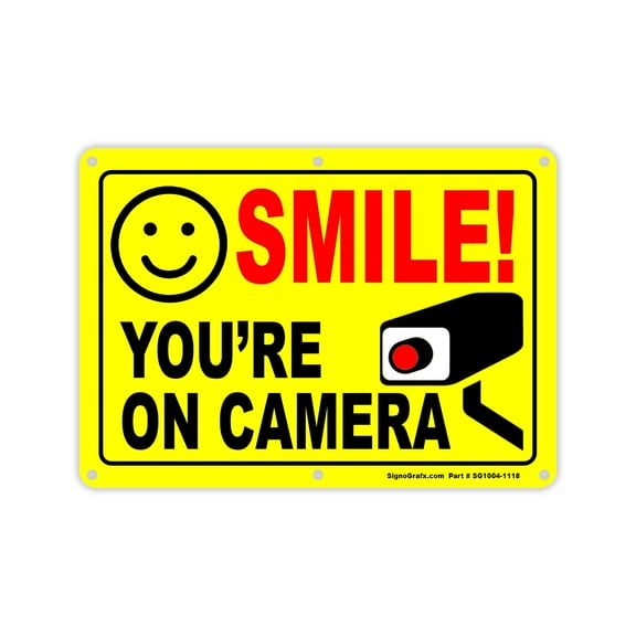 SIGNOGRAFX SMILE YOU’RE ON CAMERA, Horizontal Sign, 10Inch x 14Inch, Metal Signs, Full Color Digital Printing, Easy to Install Indoor and Outdoor.