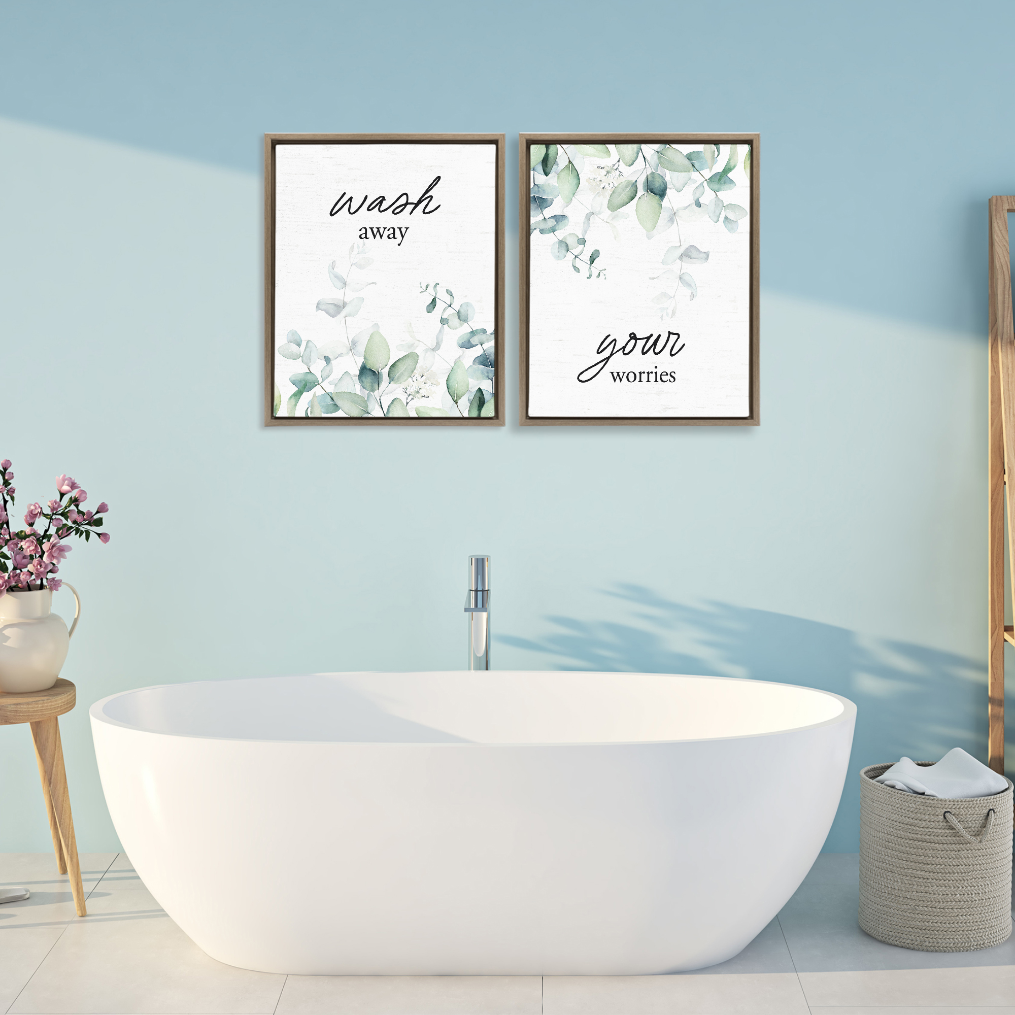Wash Away Your Worries Leaves 2 Piece Brown Framed Floater Canvas Set, design by Lettered and Lined