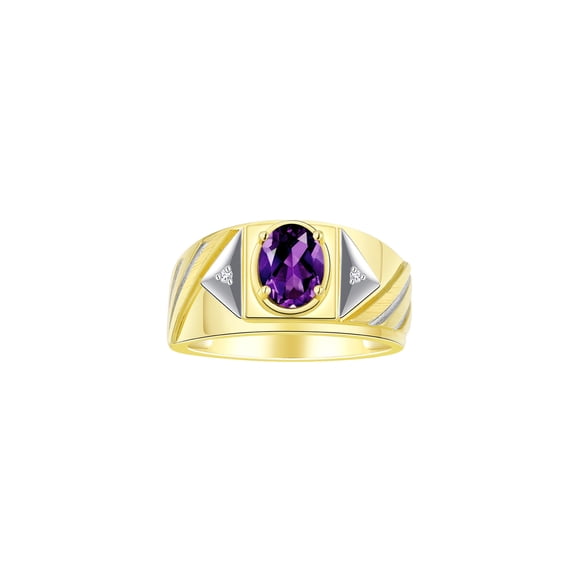 RYLOS Men's Rings Yellow Gold Plated Silver Rings Classic Designer Style 8X6MM Oval Gemstone & Diamond Ring Amethyst Birthstone Rings For Men Size 8