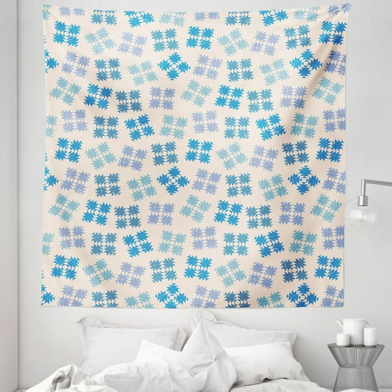 Winter Tapestry, Geometric Shapes Creates Abstract Snowflakes Orderly Repeated Pattern, Fabric Wall Hanging Decor for Bedroom Living Room Dorm, 5 Sizes, Champagne and Sea Blue, by Ambesonne