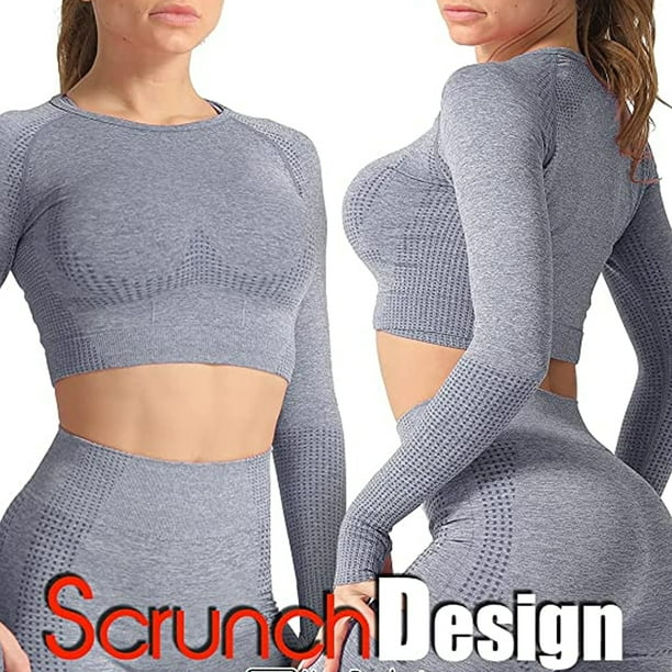 2 pieces/1 set of Women Seamless Workout Outfits Athletic Set Leggings +  Long Sleeve Top Sports Running Yoga Wear 