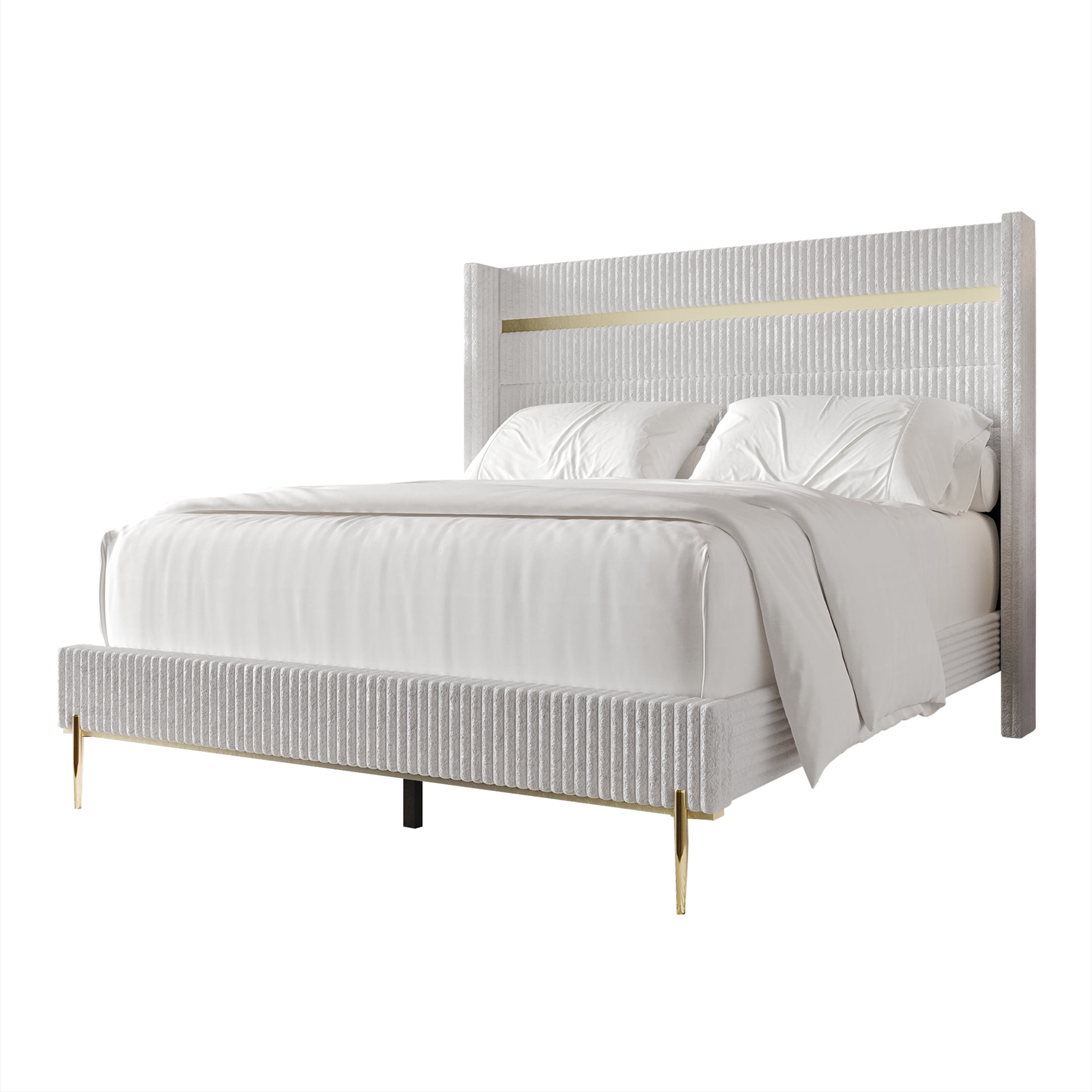 Castle Place Corduroy Gold PU Strip Wingback Upholstered Queen Bed, White