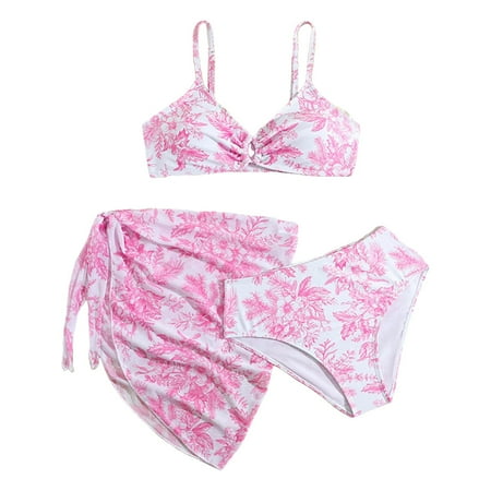 JUMESG Swimming Suit for Girls Swimsuit 3 Piece Girls Bathing Suit Tropical Floral Bikini Set with Cover Up Skirt Girls  Swimwear Red 12-13 Years