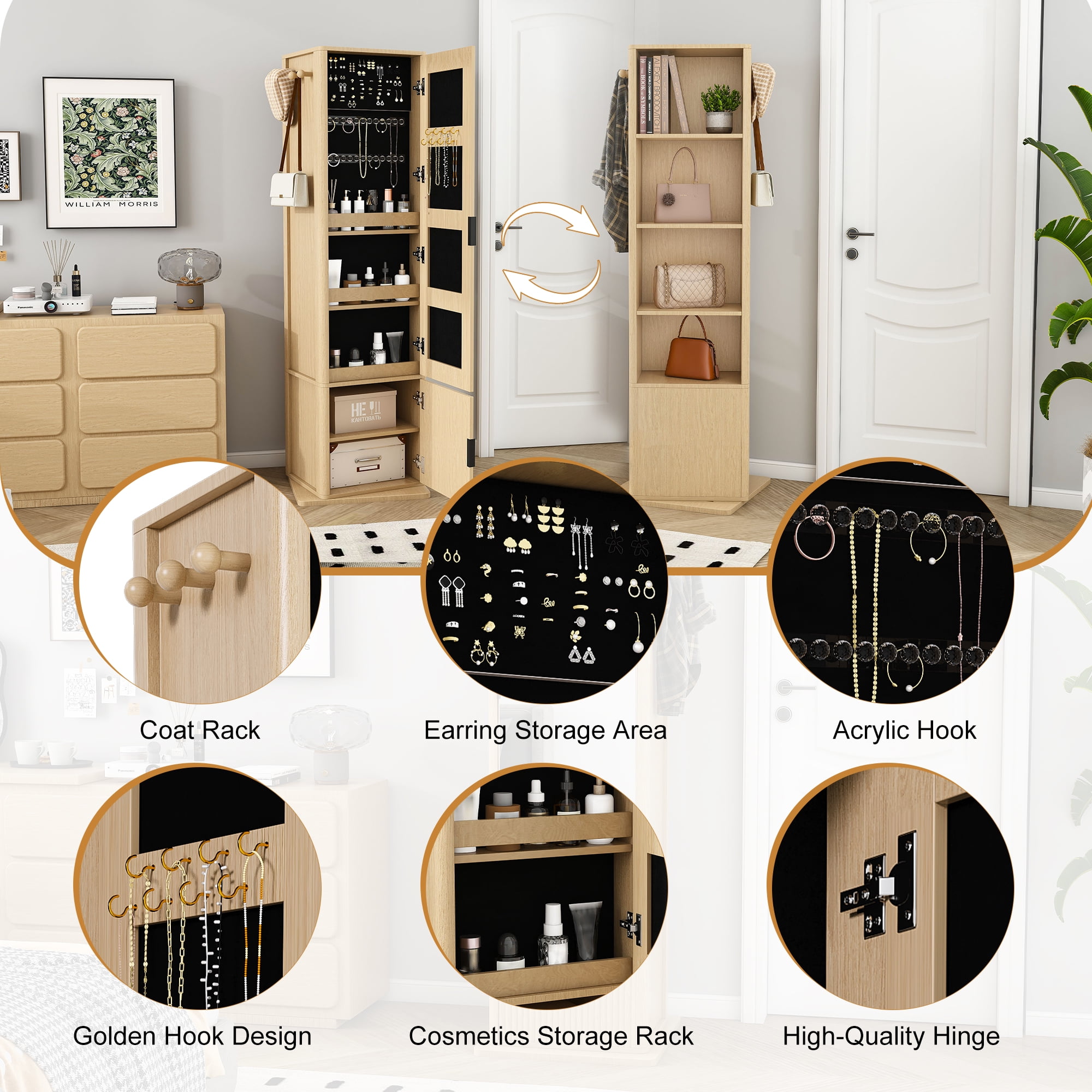 Yoneston 360° Rotating Makeup Cabinet with Full-Length Mirror, 4-in-1 Jewelry Cabinet with 4 Tier Open Shelves & Coat Rack, Standing Storage Cabinet with 2 Doors for Bedroom, Walnut
