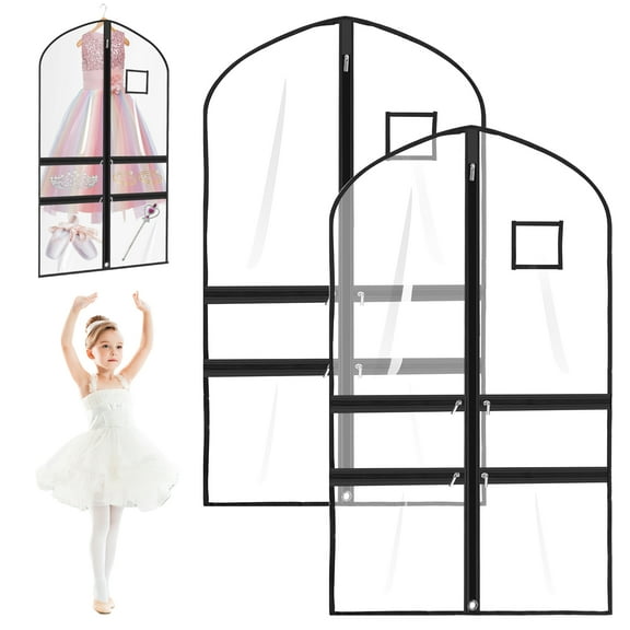 2 Pack Clear Garment Bags 40 Inches Dance Garment Bags for Dancers with 4 Zipper Pockets Waterproof Kids Dance Costume Garment Bag Dustproof Garment Protector for Dance Competition Recital