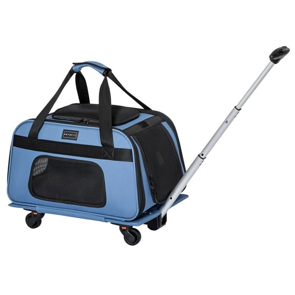 Petsfit Pet Carrier with Wheels, Rolling Cat Carrier for 2 Small Cats, Airline Approved Pet Carrier with Telescopic Handle Perfect for Travelling Under 15lb,Blue