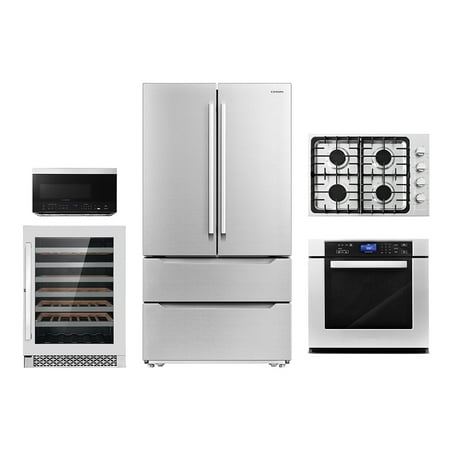 5 Piece Kitchen Package With 30  Gas Cooktop 36  Island Range Hoood 30  Single Electric Wall Oven 30  Over-the-range Microwave & French Door Refrigerator