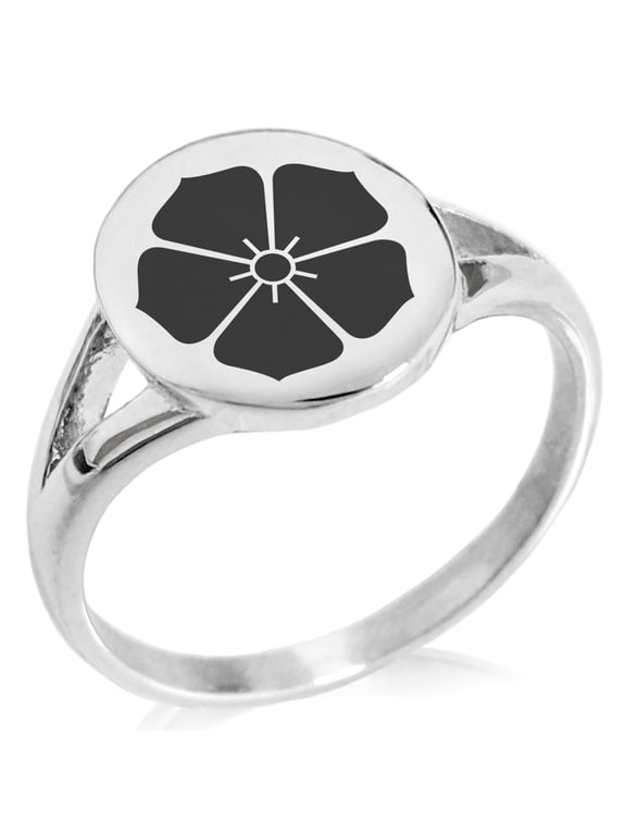 Stainless Steel Akechi Samurai Crest Minimalist Oval Top Polished Statement Signet Ring