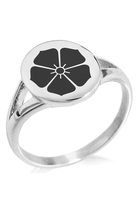 Stainless Steel Akechi Samurai Crest Minimalist Oval Top Polished Statement Signet Ring