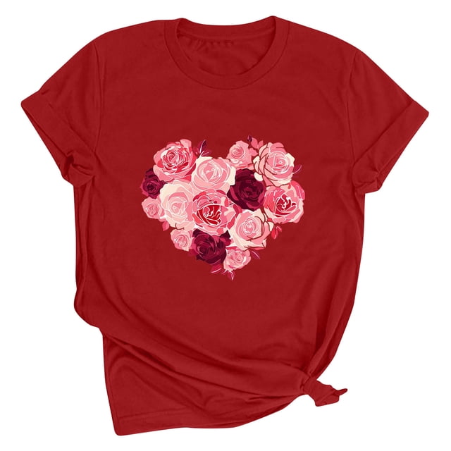 Meichang Saint-Valentin Chemises pour Femmes Imprimé Cœur Manches Courtes Col Rond Hauts de Vacances Décontractés Mignons Pulls Blouses