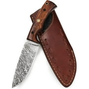 BigCat Roar Hunter's Skinner Damascus Buck Knife with Sheath - 4.5" Serrated EDC Hunting Knife