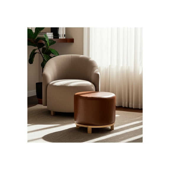 Classic Faux Leather Ottoman for Home Decor - Modern Vanity Chair and Foot Rest Stool for Bedroom or Living Room Furniture - Wood Base Accent Seating for Upholstered Seat Detail - 18", Brown & Tan