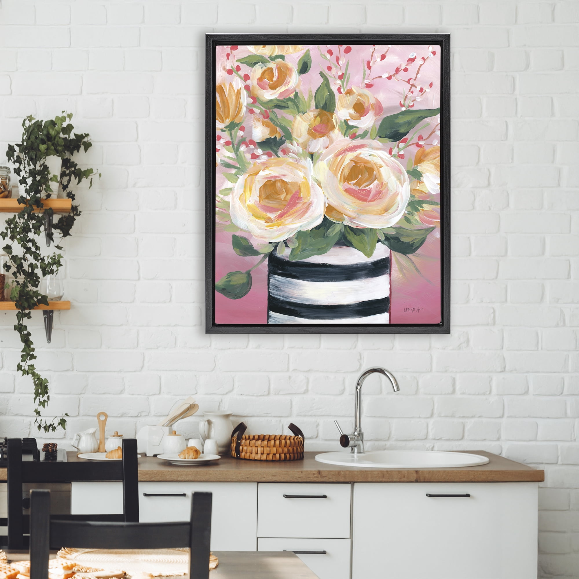 Stupell Industries Spring Blooms in Striped Vase Black Framed Floater Canvas Wall Art, design by Yvette St. Amant