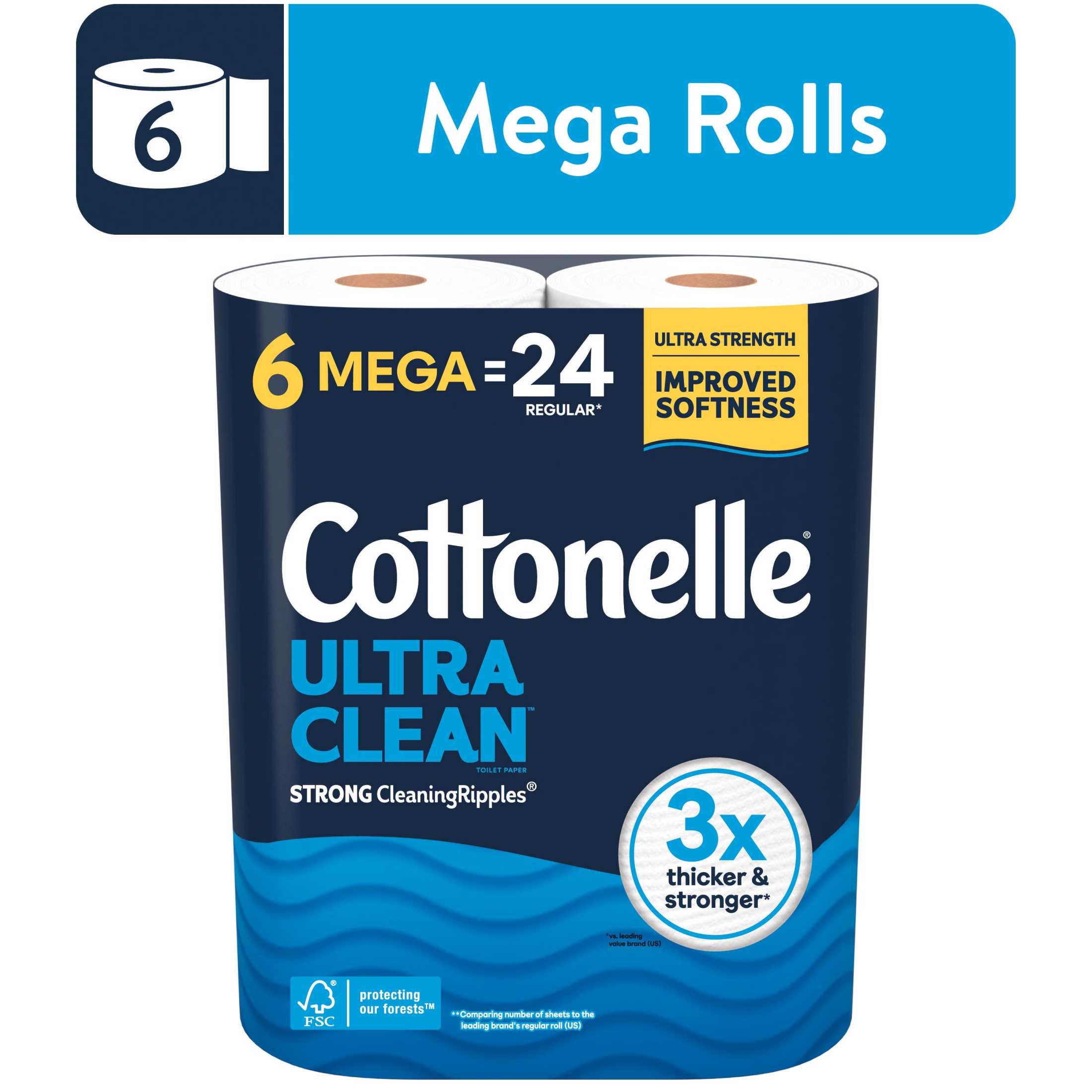 Cottonelle Ultra Clean Toilet Paper, Strong Toilet Tissue, 6 Mega Rolls