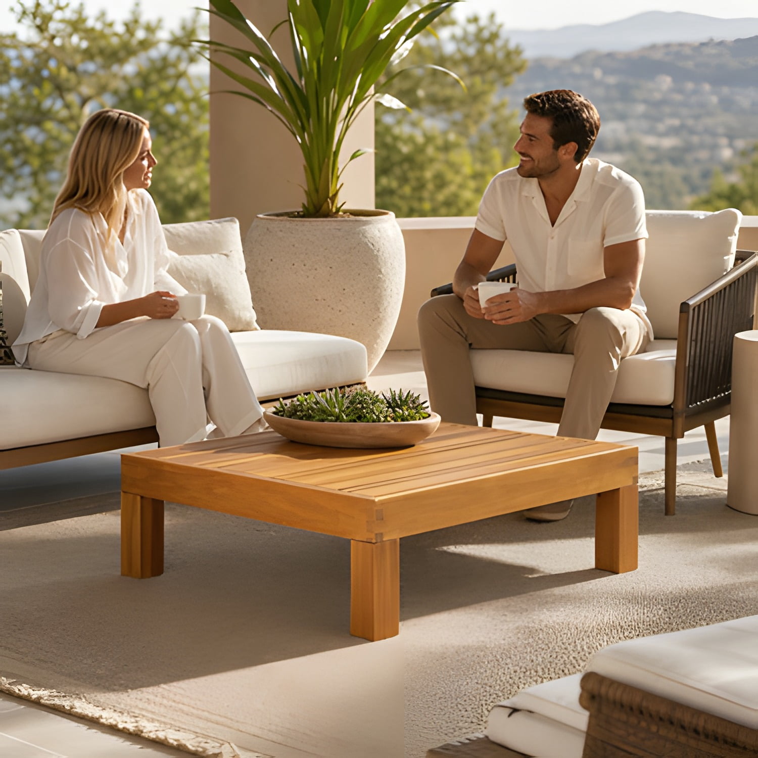Outdoor Acacia Wood Coffee Table with Slat Panel Design, Rustic Square Table, Weather-Resistant Patio Furniture for Garden Balcony Lounge