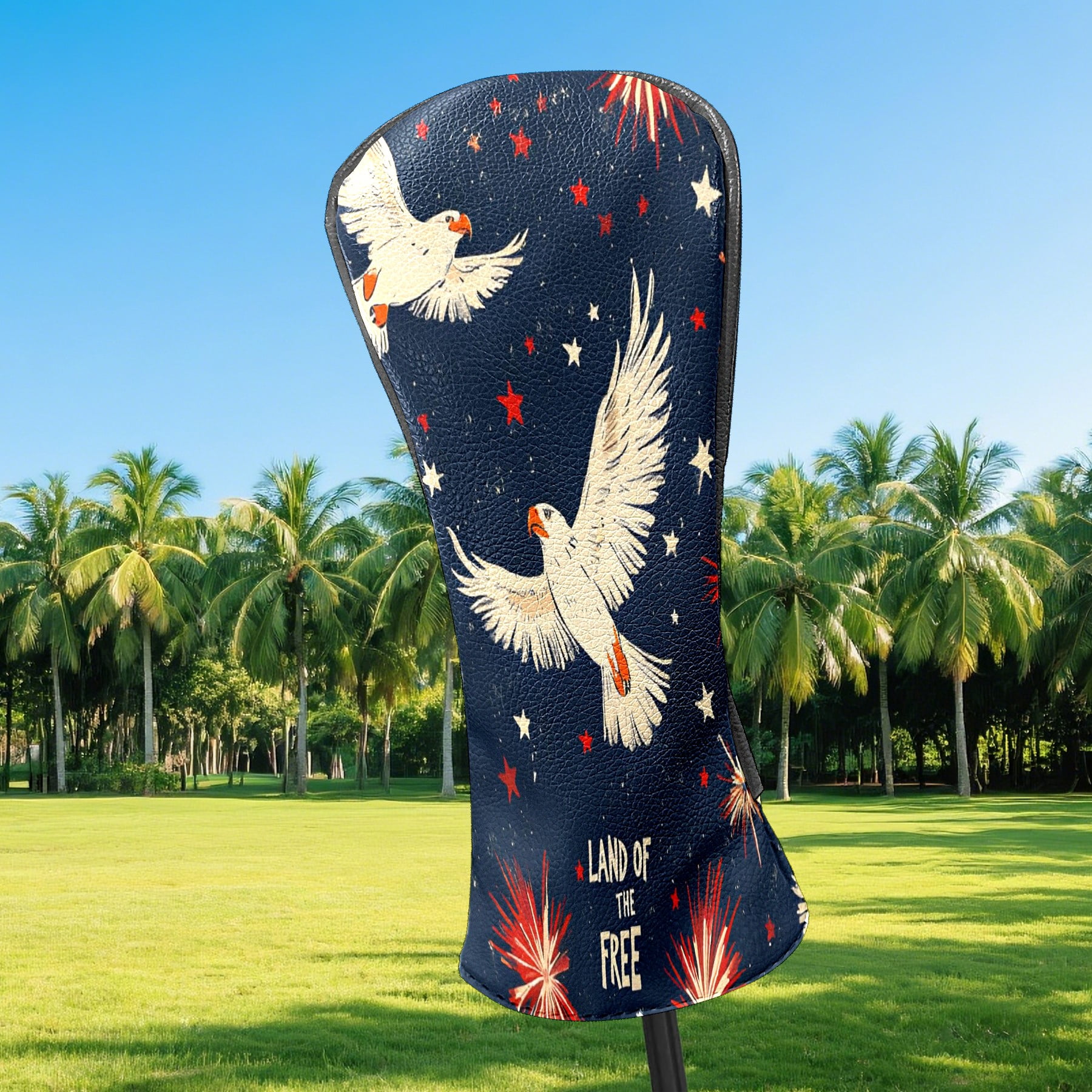 Golf Club Covers, Dark Blue Eagle Fireworks Premium PU Leather Driver Hybrid Putter Head Covers with Velvet Lining, Waterproof Golf Gifts for Men Women