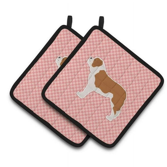 Saint Bernard Checkerboard Pink Pair of Pot Holders