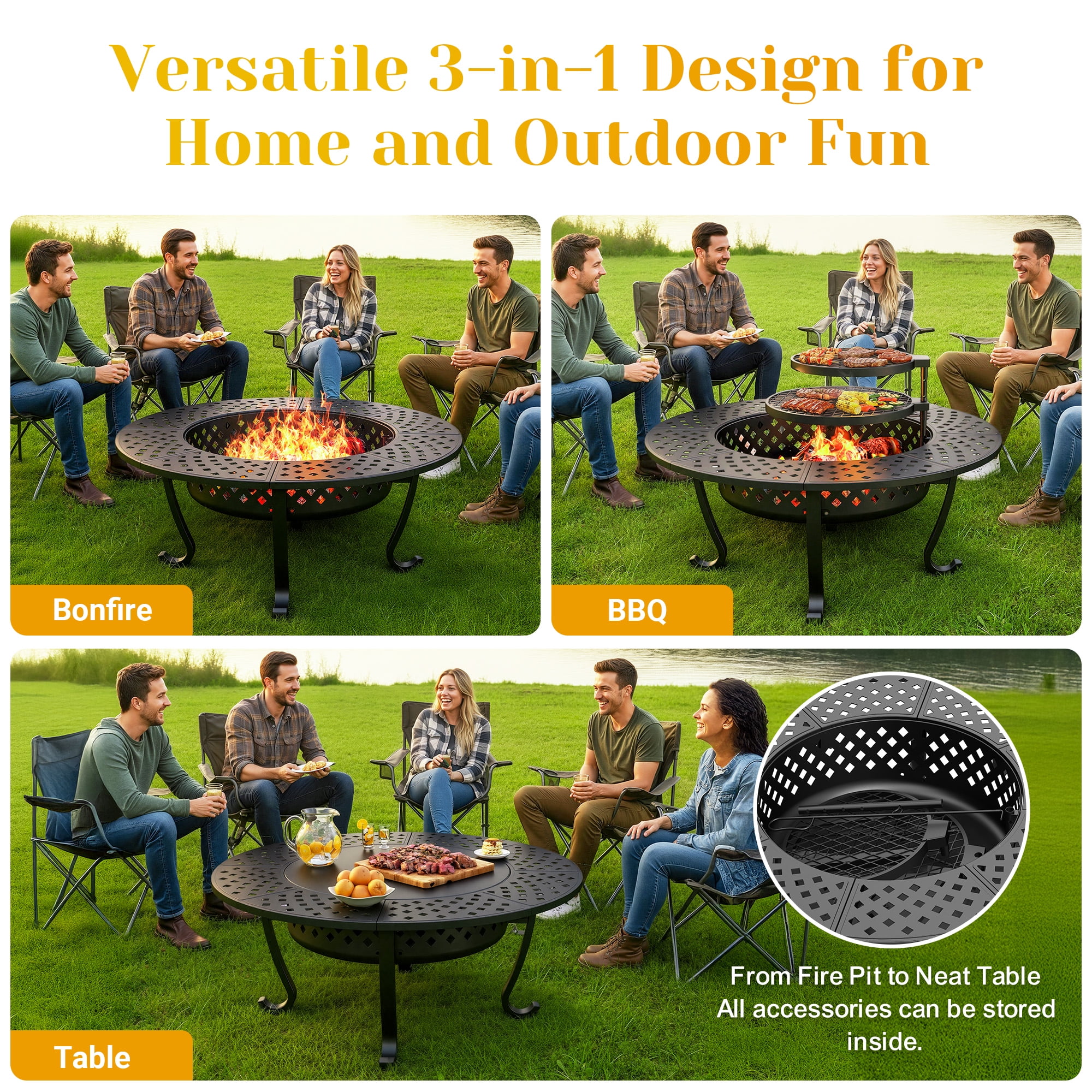 CozyHome 43'' Fire Pit with 2 Grills, Lid, and Fire Poker, Outdoor Wood Burning Fireplace, BBQs, Bonfire & Round Metal Table 3 in 1 for Patio, Picnic, Party, Black