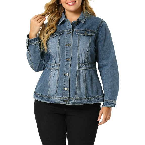 Agnes Orinda Plus Size Denim Jacket for Women Long Sleeve Button Down Washed Front Trucker Jean Jacket 1X Blue