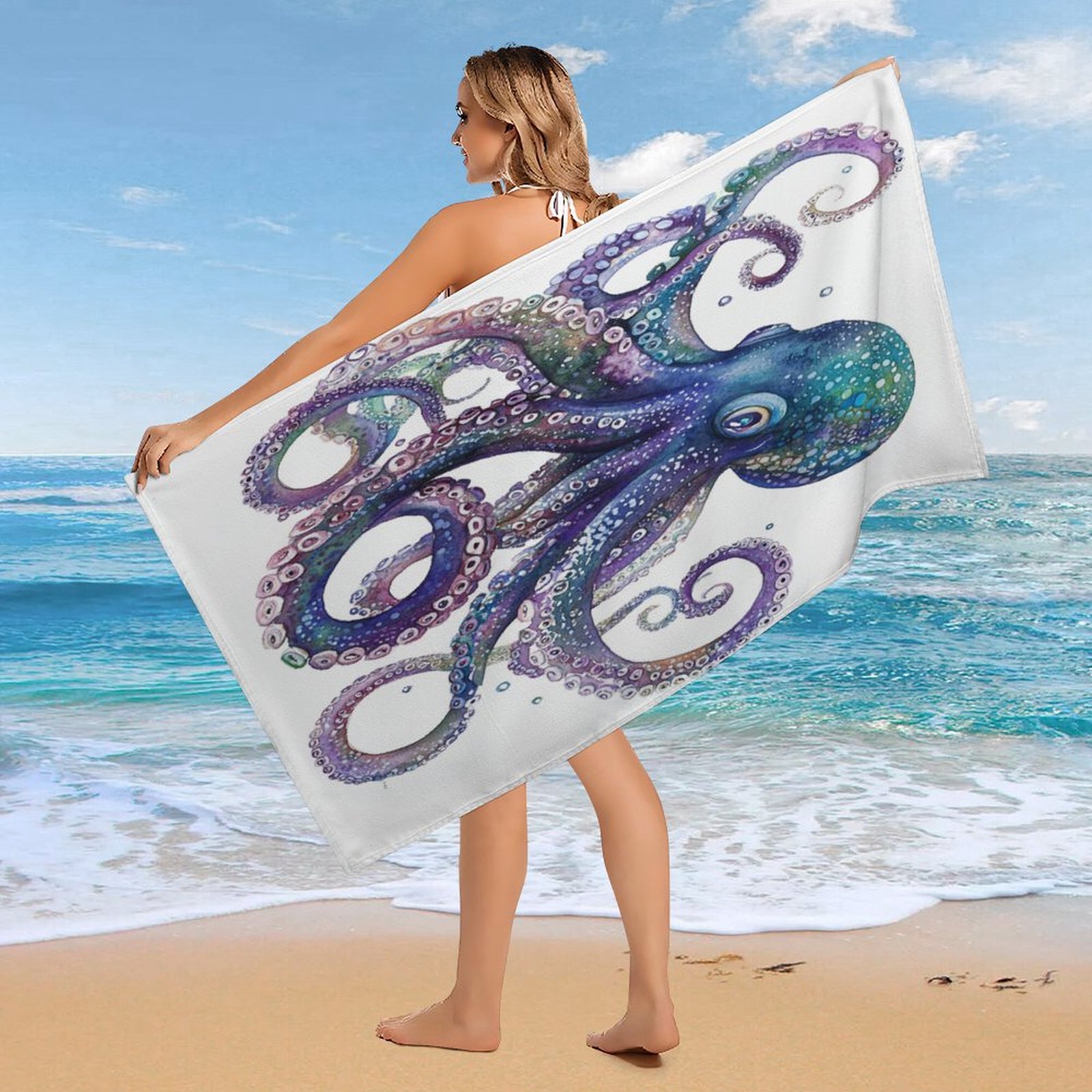 Octopus Watercolour Style Blue Or Pink Nautical Coastal Beach Towel 30x60 inch Nautical Coastal Octopus Microfiber Beach Towels for Travel Microfiber Sand Free Microfiber Absorbent Quick Dry