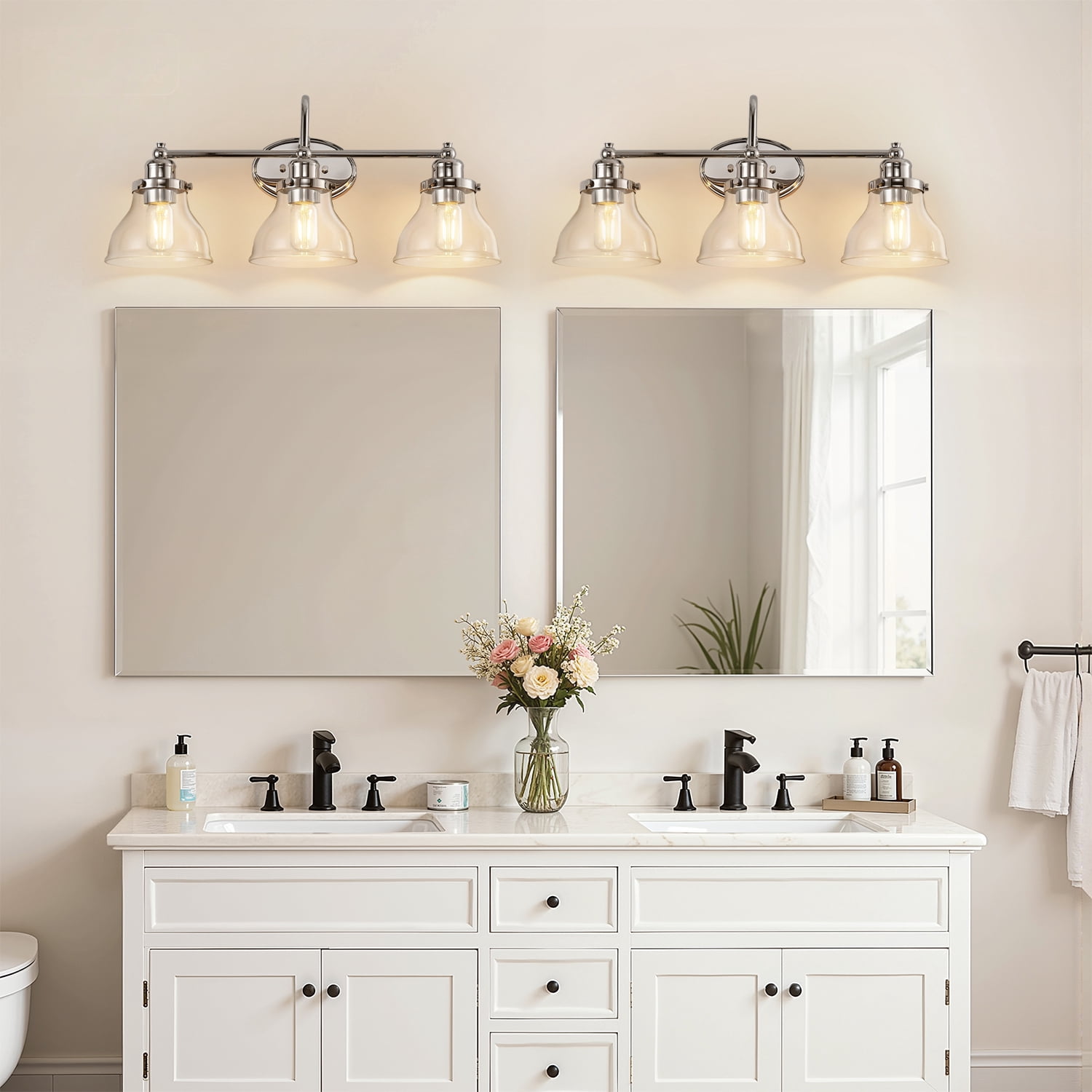 YANSUN 24.3 in 3-Light Vintage Chrome Vanity Light with Clear Glass Shades for Bathroom Vanity Table(Bulbs Not Included)