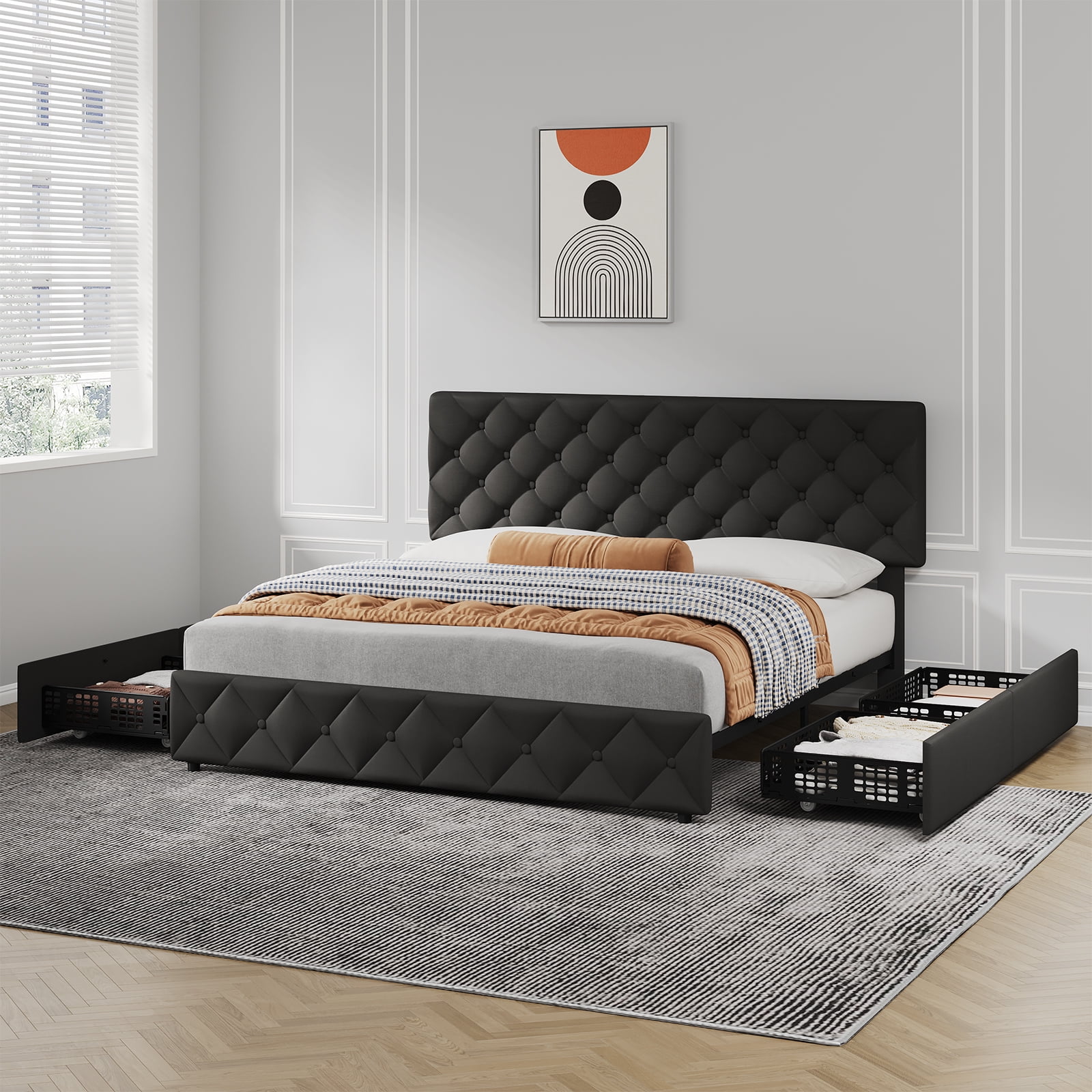 TEQIN Upholstered Queen Bed Frame with 4 Storage Drawers, Diamond Tufted Fabric Platform Bed with Sturdy Support,No Box Spring Needed, Easy Assembly, Noise Free