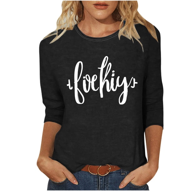 Mujeres Tres Cuartos de Manga Tops Día de la Mujer Impreso Cuello Redondo Blusa Suelta, Suéter de Manga Casual 3/4 para el Uso de Primavera Y Verano